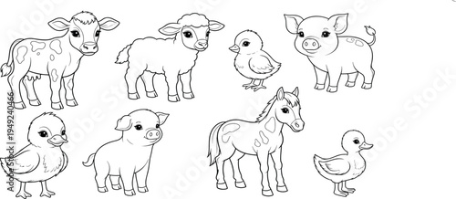 Cute Cartoon Farm Baby Animals Outline Collection with Calf, Lamb, Piglet, Foal and Ducklings, Adorable Barnyard Line Art Set for Kids Coloring