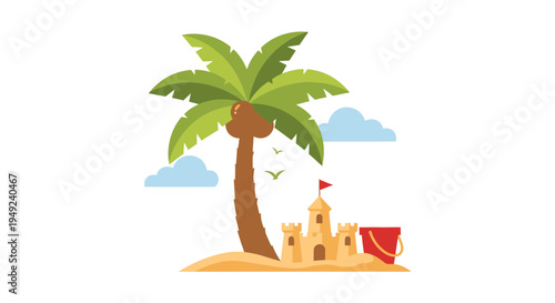 Tropical Island Beach Scene with Palm Tree and Sandcastle.