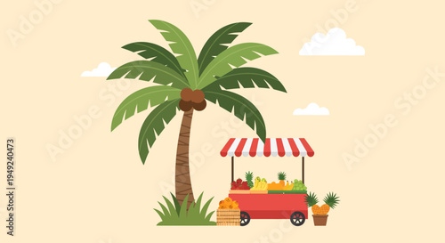 Tropical Fruit Stand Under Palm Tree Illustration.