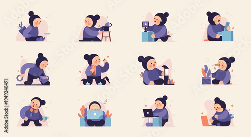 A cute character engages in various activities and tasks with everyday objects