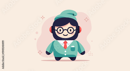 A cute, round character in a suit and hat smiles warmly