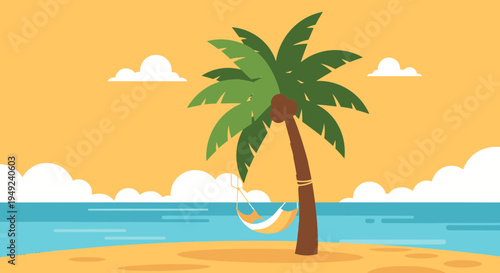 Tropical Palm Tree with Hammock on Sandy Beach.
