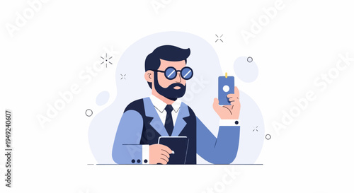 A bearded man in glasses, suit, and tie holds a smartphone and tablet