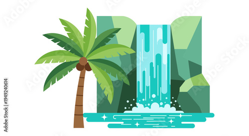Tropical Waterfall with Palm Tree Illustration.