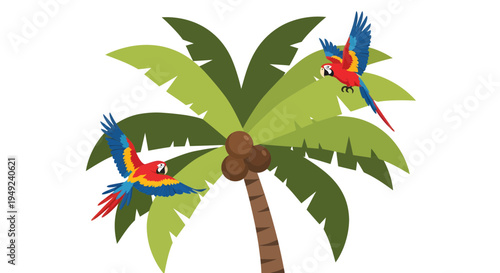 Two colorful parrots flying around a coconut palm tree.