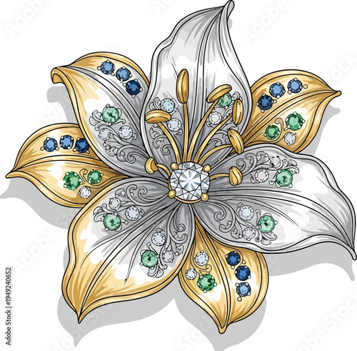 A beautifully designed flower brooch with intricate details and precious stones.