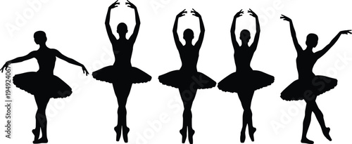 Black and White Ballet Silhouette Collection, Five Ballerinas in Tutus Performing Graceful Dance Poses, Minimalist Linear Illustration for Artistic Stock Design