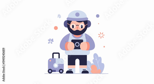 A bearded, spectacled man in a hat holds a camera with a suitcase