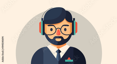 A flat illustration of a man with glasses and headphones