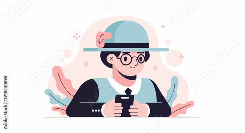 A cartoon person wearing a hat and glasses, holding a phone