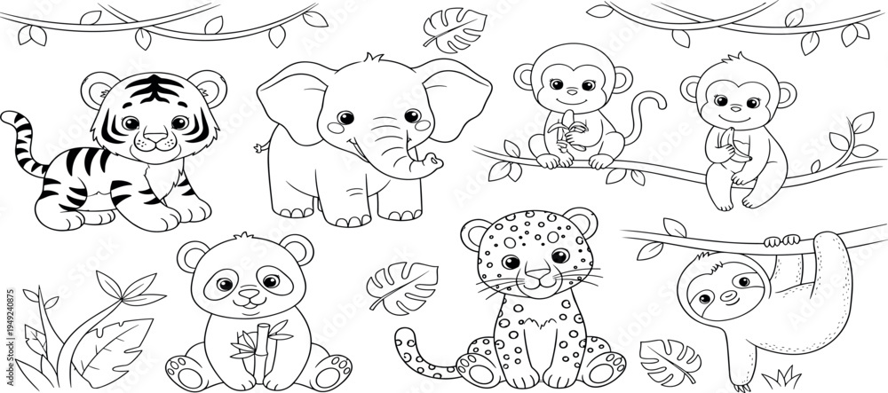 Obraz premium Cute Cartoon Jungle Animals Outline Collection with Tiger, Elephant, Monkey, Panda, Leopard and Sloth, Adorable Wildlife Line Art Set for Kids Coloring
