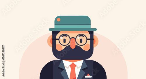 A cartoon man with a beard, glasses, hat, and suit