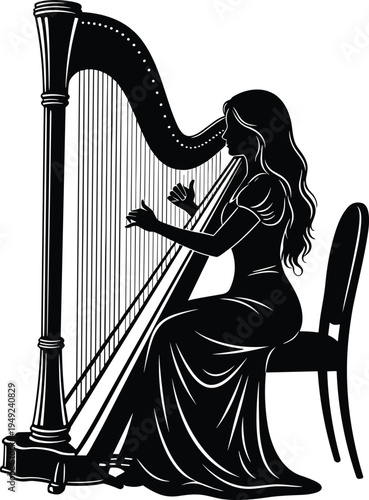 Black and White Harpist Silhouette, Elegant Woman in Flowing Dress Playing Harp, Minimalist Musical Instrument Illustration, Graceful Classical Musician Graphic Design