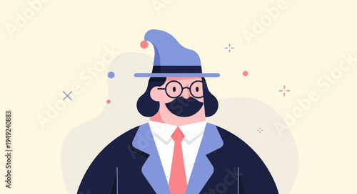 A character wearing a hat, glasses, mustache, suit, and tie