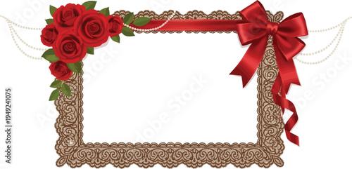A beautifully designed ornate frame with red roses and ribbon on a white background