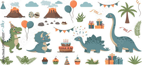 Cute Cartoon Dinosaur Birthday Party Collection with T Rex, Triceratops and Stegosaurus, Volcano, Balloons, Cake, Gifts and Prehistoric Celebration Elements