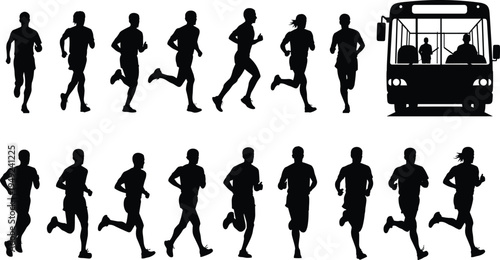 Black silhouettes of people running and jogging in various motion poses alongside a public bus front view isolated on white background