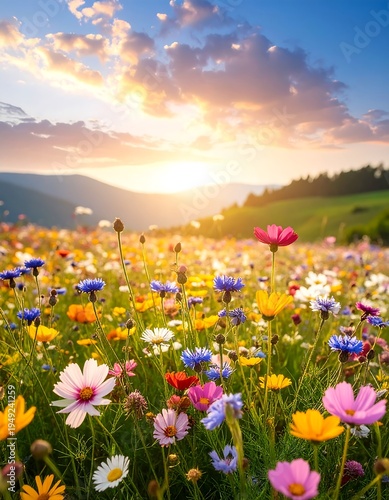 Colorful wildflower field blossoms with sun shining over distant hills under a sky filled with warm hued clouds