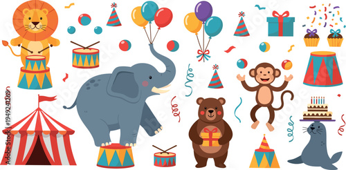Cute Cartoon Circus Animals Birthday Party Collection with Lion, Elephant, Bear, Monkey and Seal, Balloons, Drums, Cake, Gifts and Circus Tent Elements