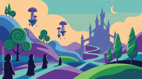 Mysterious figures journeying through a vibrant, dreamlike fantasy landscape