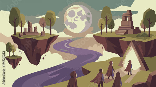 Mystical fantasy landscape with floating islands, ancient ruins, and travelers