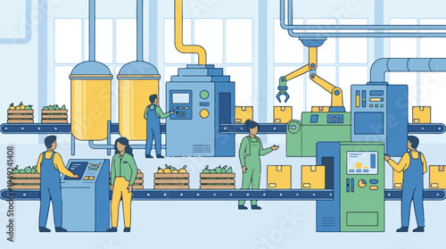 Food processing factory with automated production line and workers