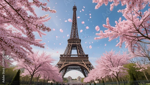 Eiffel Tower in Paris Framed by Blooming Pink Cherry Blossoms under a Clear Blue Sky Romantic Springtime Landscape