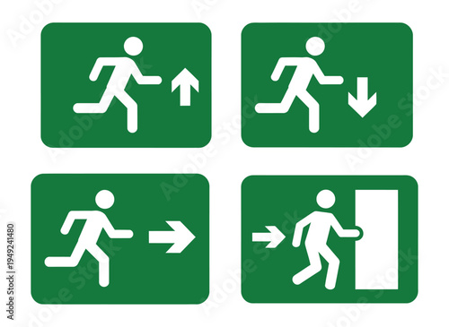Vector Icons Emergency Exit Signs, green rectangular panels with white pictograms, safety and evacuation directions, modern vector illustration, EPS editable, suitable for building safety, emergency p