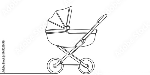 Continuous one line drawing baby stroller minimal outline vector illustration