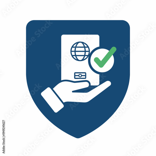 Passport icon held by a hand inside the blue shield, with a green check mark symbolizing verification. The globe and symbol of the passport are also featured.
