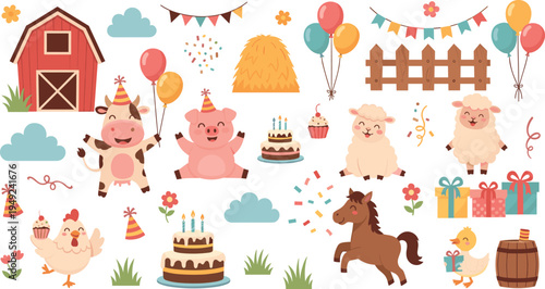 Cute Cartoon Farm Animals Birthday Party Collection with Cow, Pig, Sheep, Horse, Chicken and Duck, Barn, Balloons, Cakes and Celebration Elements