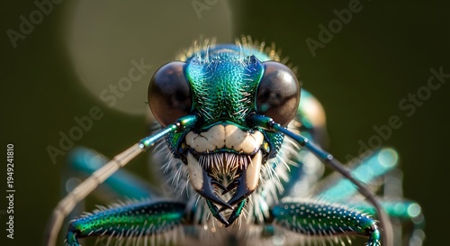 Detailed Close-Up of a Vibrant Green Tiger Beetle.