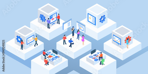 Isometric illustration depicting digital workspace and collaborative technology concepts