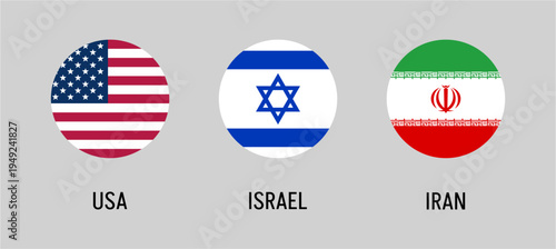 USA, Israel and Iran circular flag icons vector illustration featuring national symbols of the United States, Star of David, and Iranian tricolor emblem