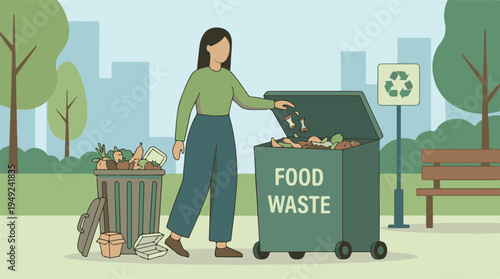Woman disposing of food waste into a separate bin in an urban park setting