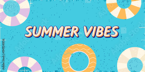 Colorful summer vibes design with pool floats and text overlay