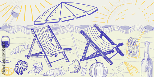 A sketched beach scene with lounge chairs drinks and summer elements
