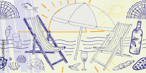 A summer beach scene featuring lounge chairs sun and seaside elements