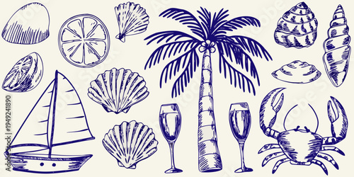 Tropical sketch featuring shells palm trees a sailboat and marine life