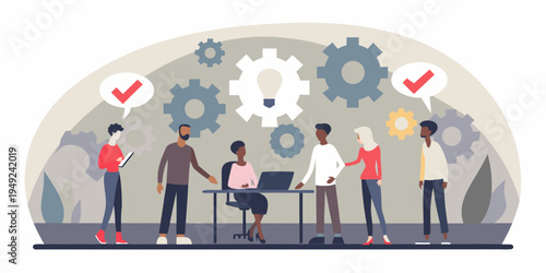 Diverse team collaborating around a table with gears and positive symbols