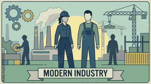 Modern Industry Vector Illustration: Workers, Factory, and Construction Scene