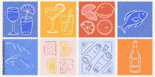Stylized postage stamps depict summer themes drinks seafood and produce
