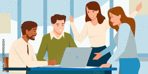 Team of diverse professionals collaborating and celebrating success in an office