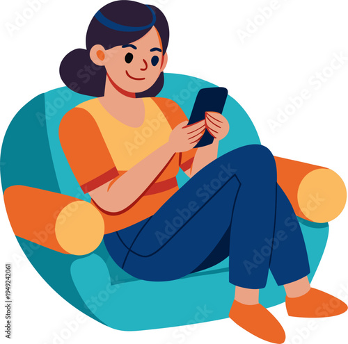 modern lifestyle concept, young woman using smartphone while relaxing on sofa, flat vector illustration, white background