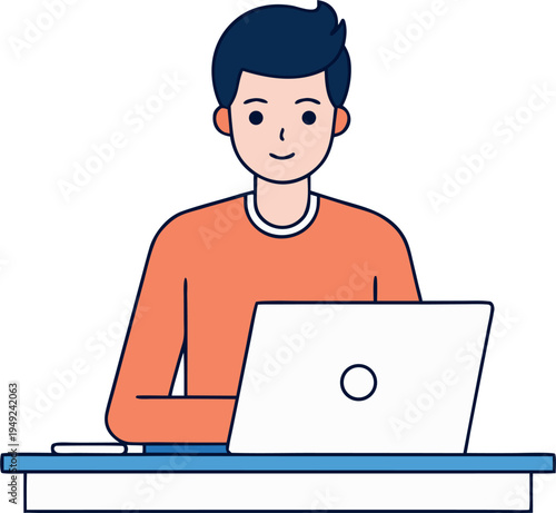 work from home concept, freelancer working on laptop at desk, flat vector illustration, white background