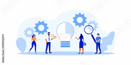 Team collaboration and innovation concept with gears and a lightbulb