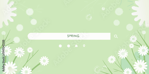 A pastel green spring background with white flowers and a search bar