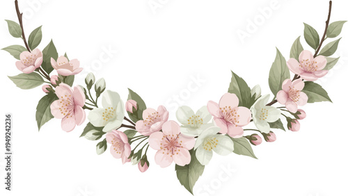 A beautiful floral wreath with pink and white flowers on a white background