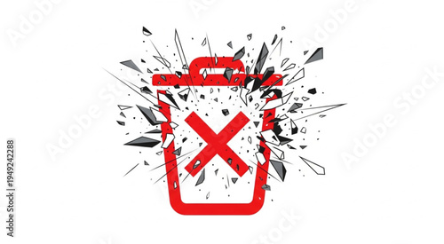 Red Trash Can Icon Shattering into Pieces, Deletion Concept.
