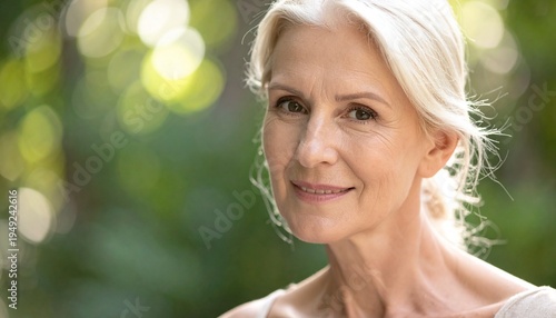 Natural Senior Woman Portrait Smiling Mature Beauty Healthy Aging Skincare Concept Outdoor